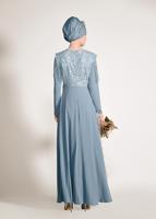 Tesettür giyim MAVİ GÜPÜRLÜ OMUZLARI SAÇAKLI ABİYE ELBİSE 5500