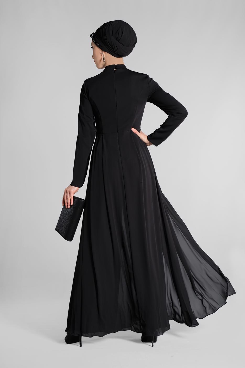 Tesettür giyim SİYAH GÜPÜR İŞLEMELİ PELERİN GÖRÜNÜMLÜ TULUM 5508