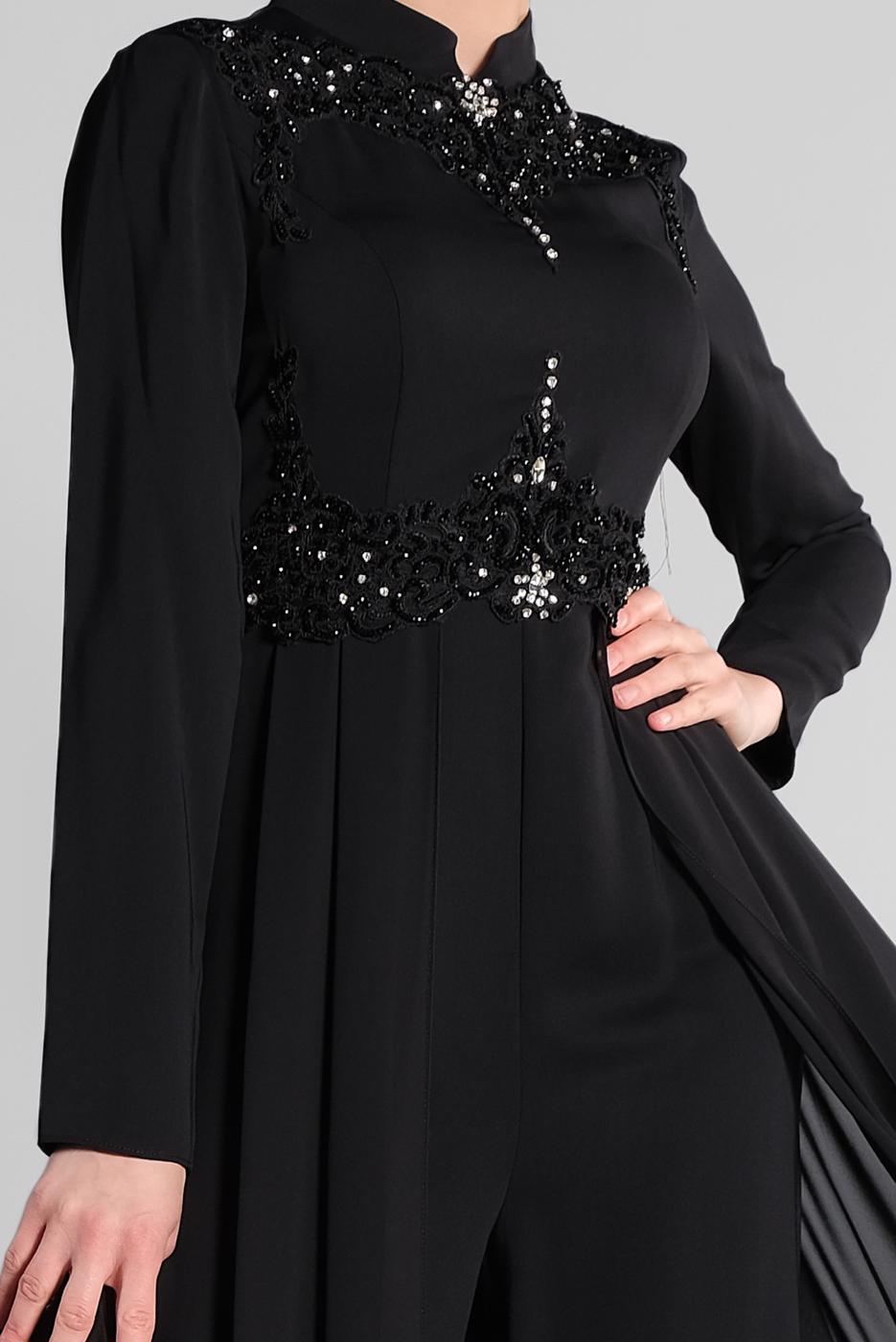 Tesettür giyim SİYAH GÜPÜR İŞLEMELİ PELERİN GÖRÜNÜMLÜ TULUM 5508