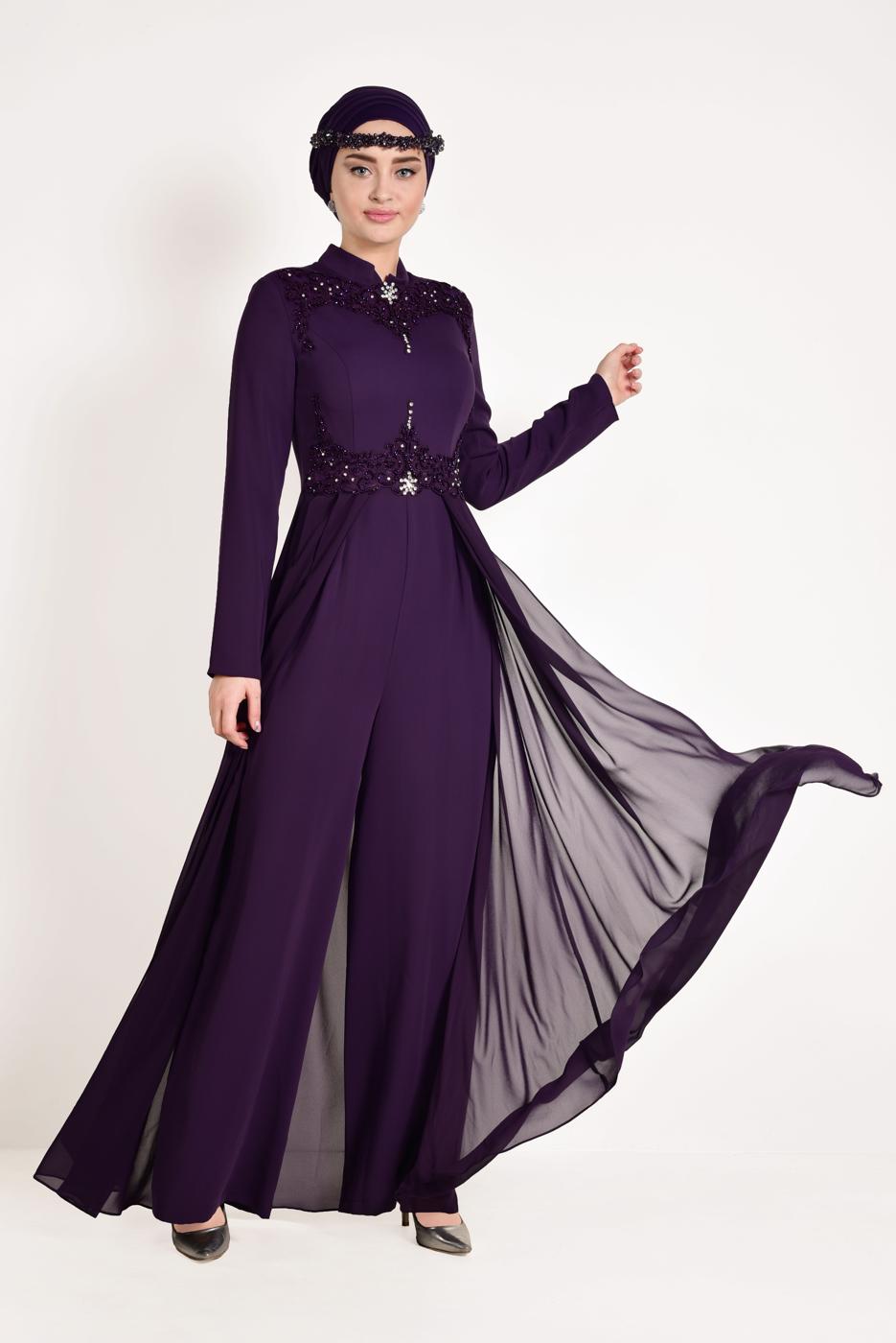 Tesettür giyim MOR GÜPÜR İŞLEMELİ PELERİN GÖRÜNÜMLÜ TULUM 5508