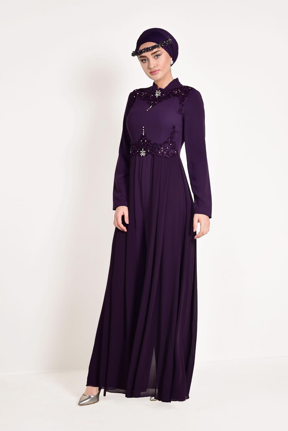 Tesettür giyim MOR GÜPÜR İŞLEMELİ PELERİN GÖRÜNÜMLÜ TULUM 5508