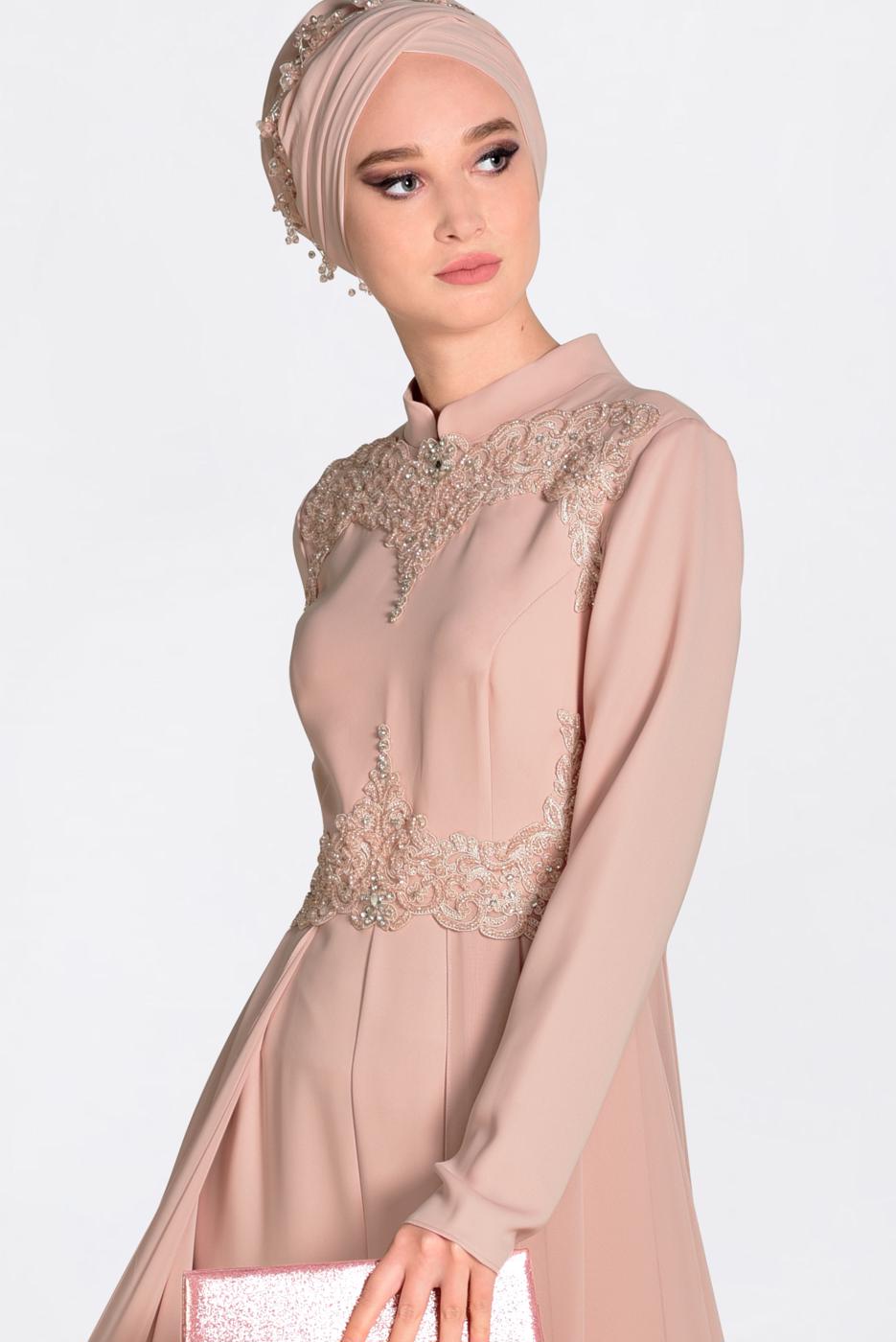 Tesettür giyim PUDRA GÜPÜR İŞLEMELİ PELERİN GÖRÜNÜMLÜ TULUM 5508
