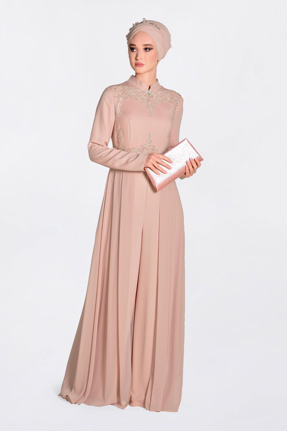 Tesettür giyim PUDRA GÜPÜR İŞLEMELİ PELERİN GÖRÜNÜMLÜ TULUM 5508