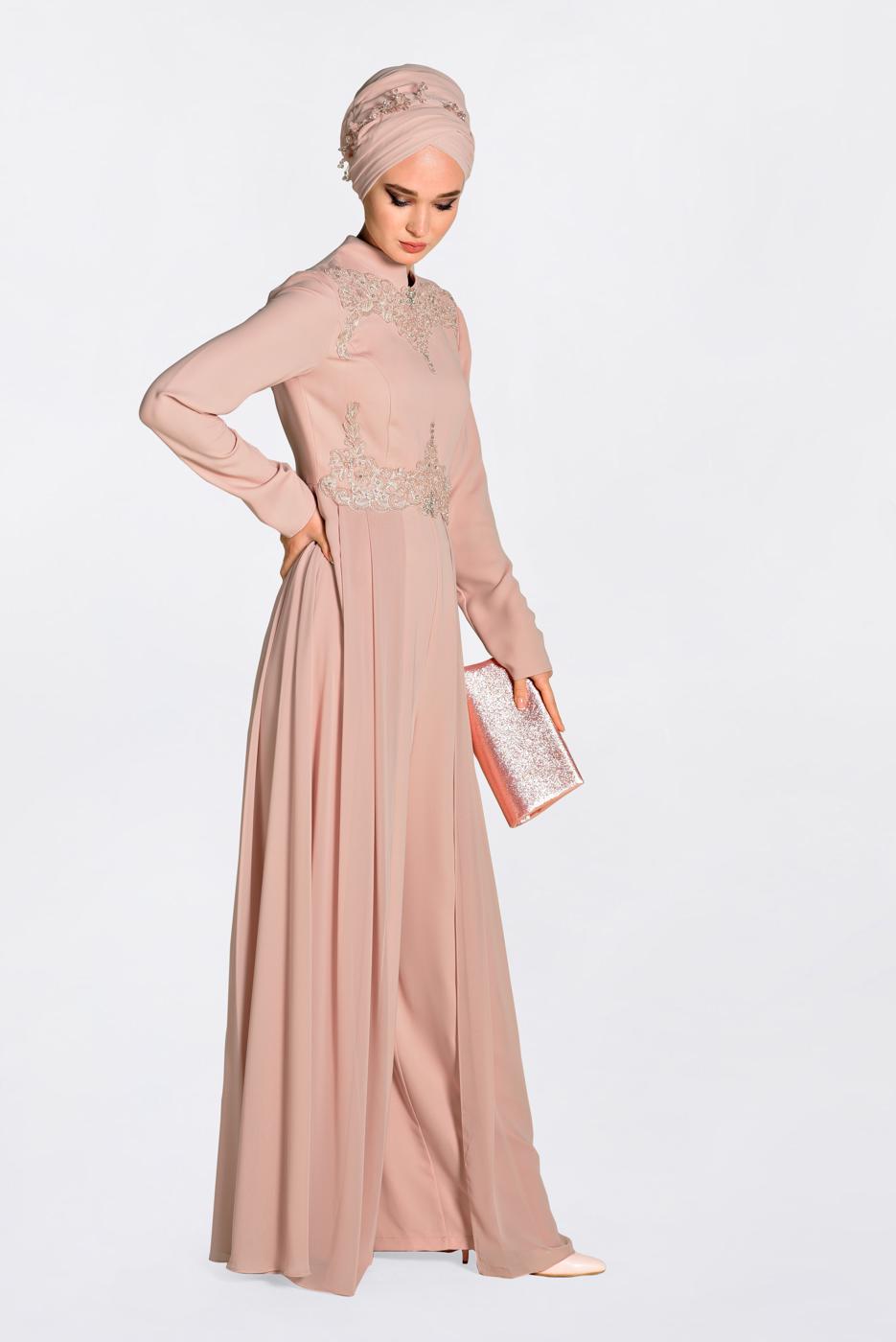 Tesettür giyim PUDRA GÜPÜR İŞLEMELİ PELERİN GÖRÜNÜMLÜ TULUM 5508