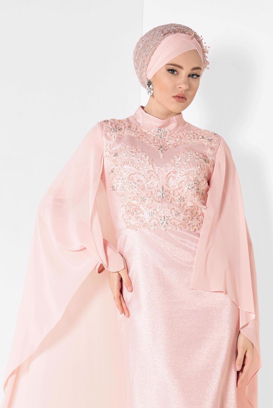 Tesettür giyim PUDRA ALVİNA İŞLEMELİ ABİYE ELBİSE T 5509