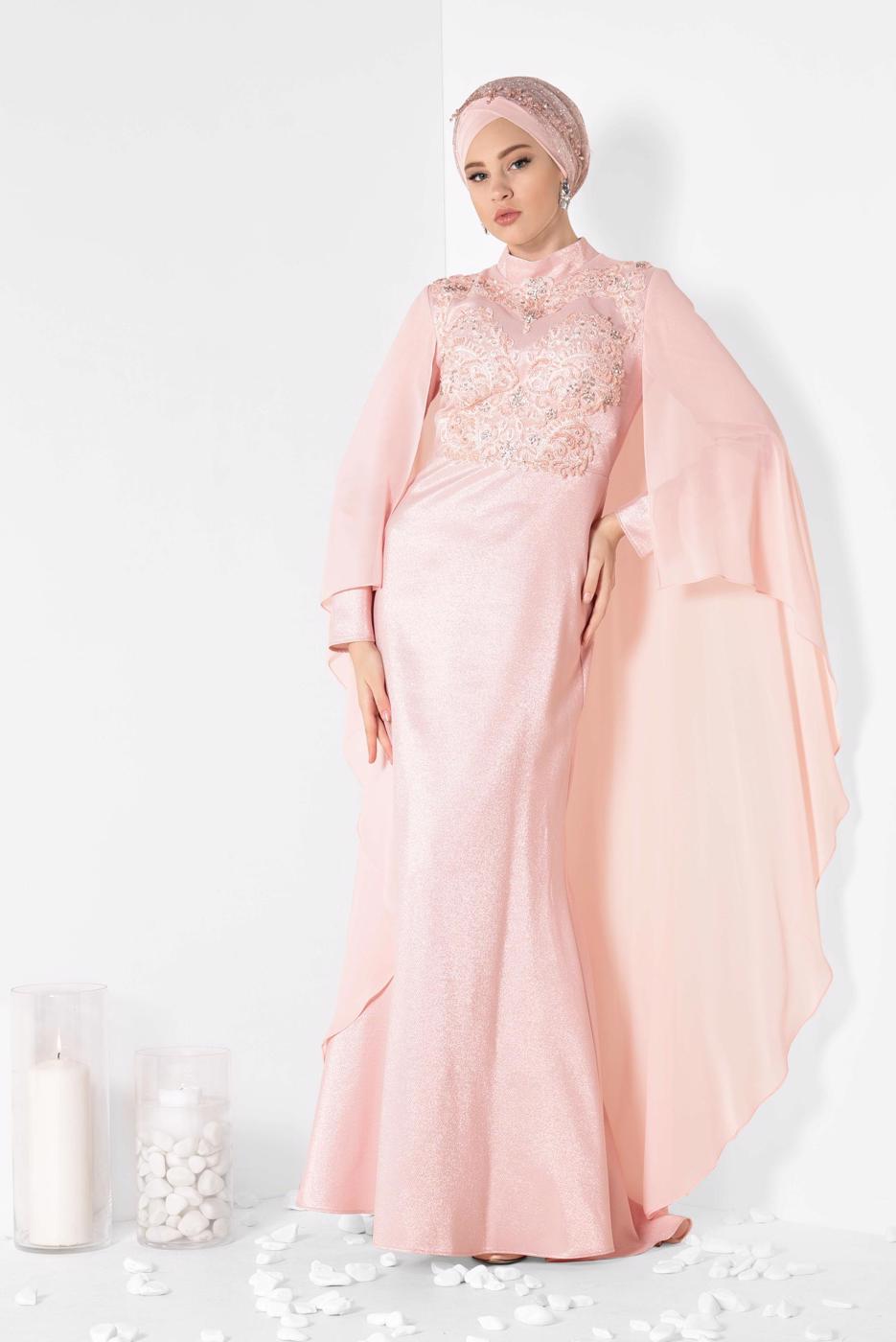 Tesettür giyim PUDRA ALVİNA İŞLEMELİ ABİYE ELBİSE T 5509