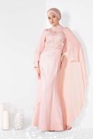 Tesettür giyim PUDRA ALVİNA İŞLEMELİ ABİYE ELBİSE T 5509