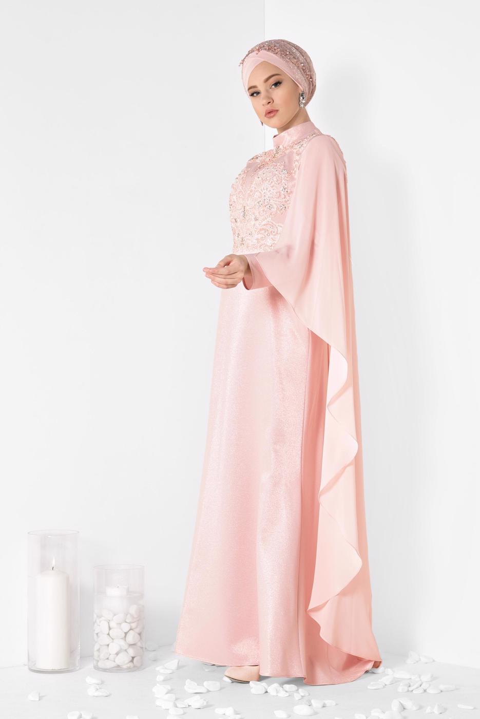 Tesettür giyim PUDRA ALVİNA İŞLEMELİ ABİYE ELBİSE T 5509