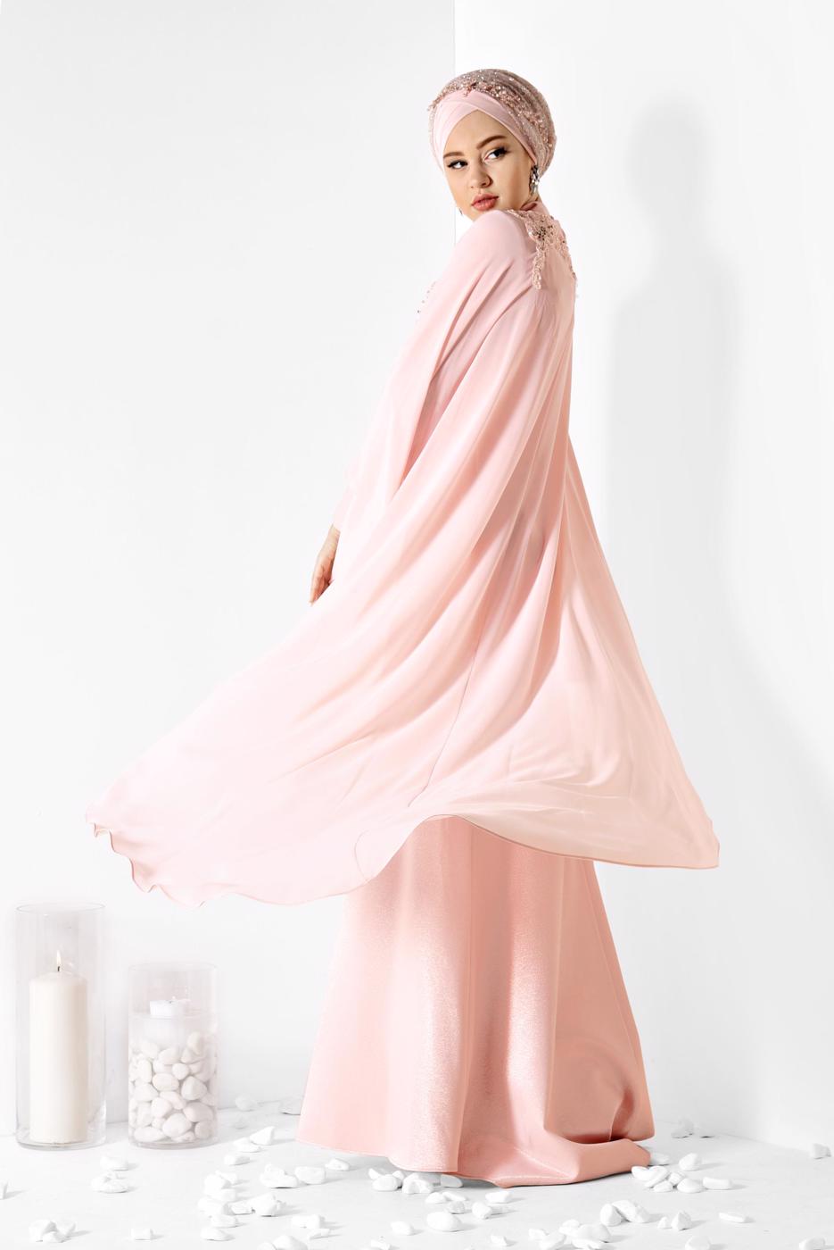 Tesettür giyim PUDRA ALVİNA İŞLEMELİ ABİYE ELBİSE T 5509