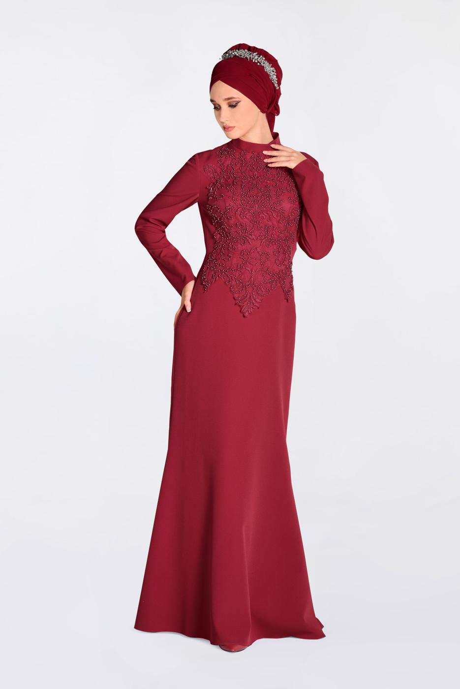 Tesettür giyim KIRMIZI GÜPÜRLÜ BALIK ABİYE ELBİSE 5511