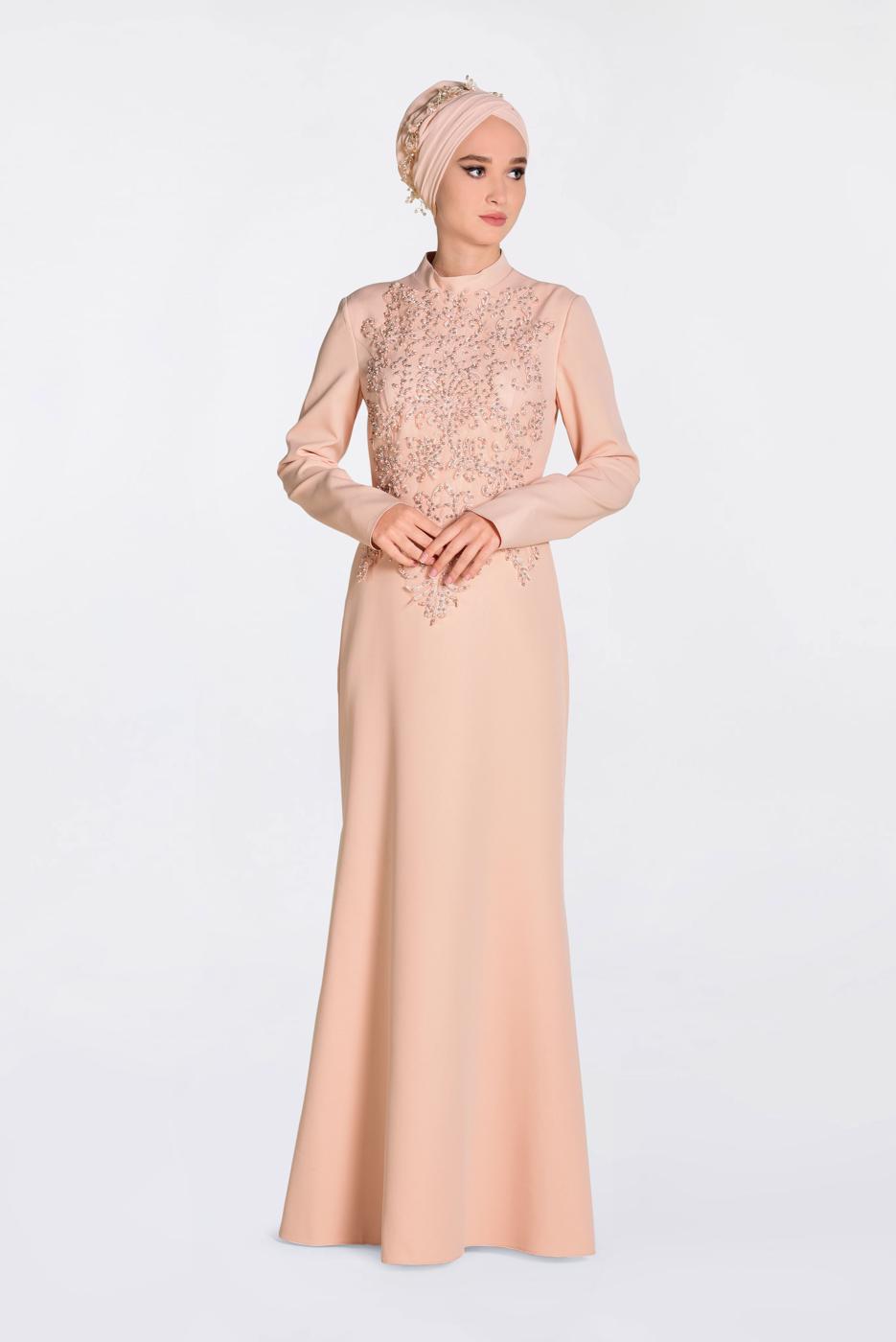 Tesettür giyim PUDRA GÜPÜRLÜ BALIK ABİYE ELBİSE 5511