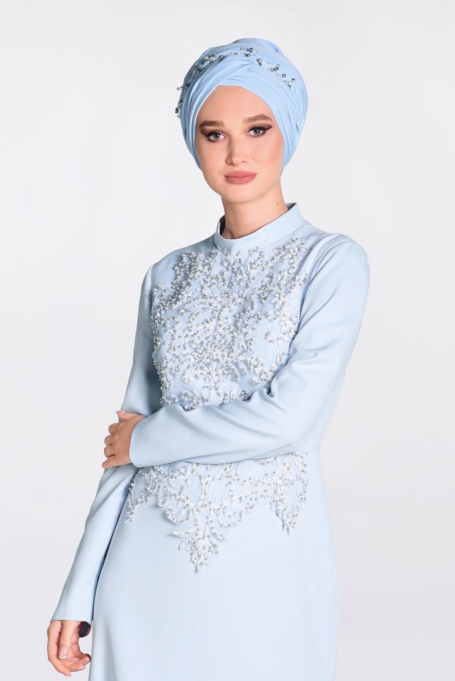 Tesettür giyim MAVİ GÜPÜRLÜ BALIK ABİYE ELBİSE 5511