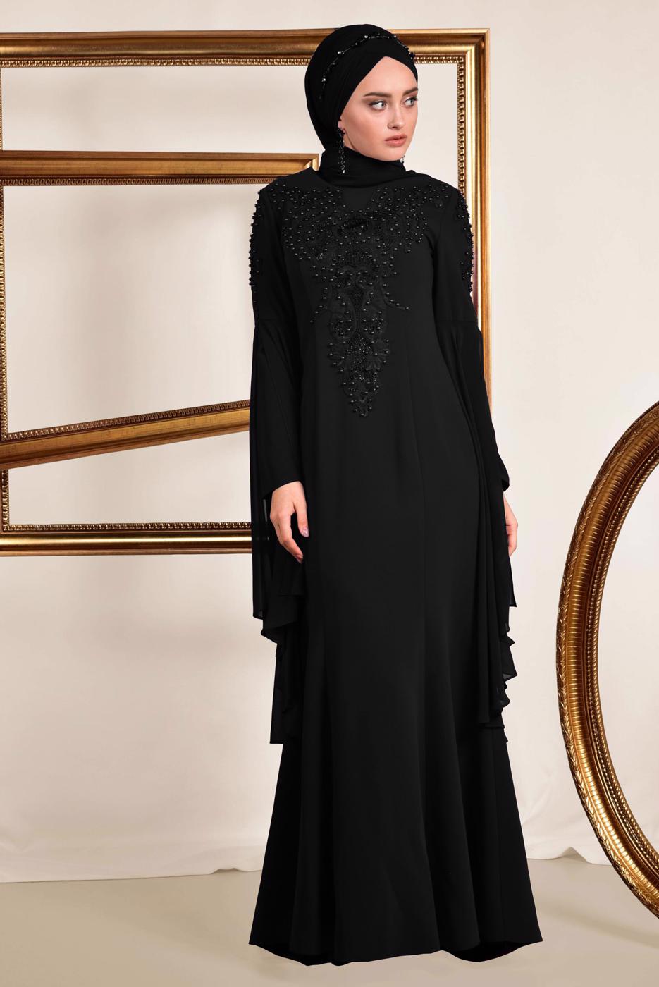 Tesettür giyim SİYAH BONCUK DETAYLI ABİYE ELBİSE T 5512