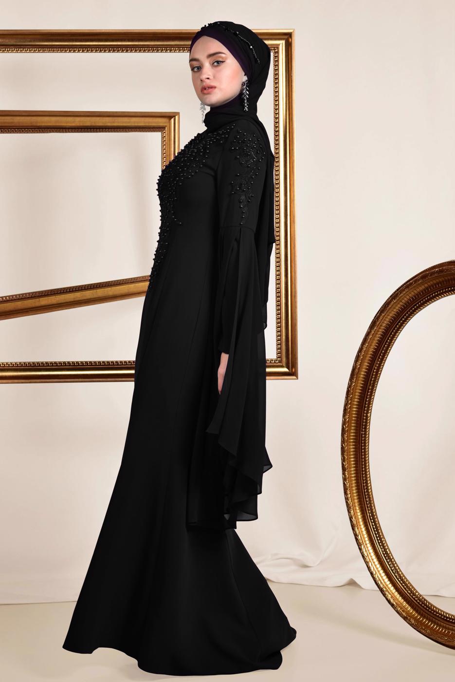 Tesettür giyim SİYAH BONCUK DETAYLI ABİYE ELBİSE T 5512