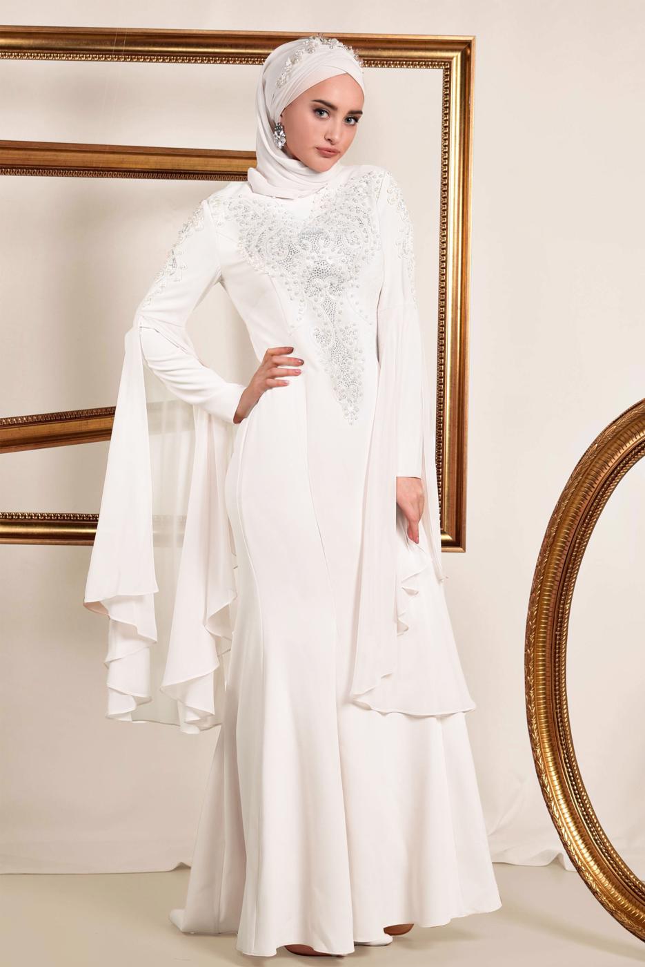 Tesettür giyim KREM BONCUK DETAYLI ABİYE ELBİSE T 5512