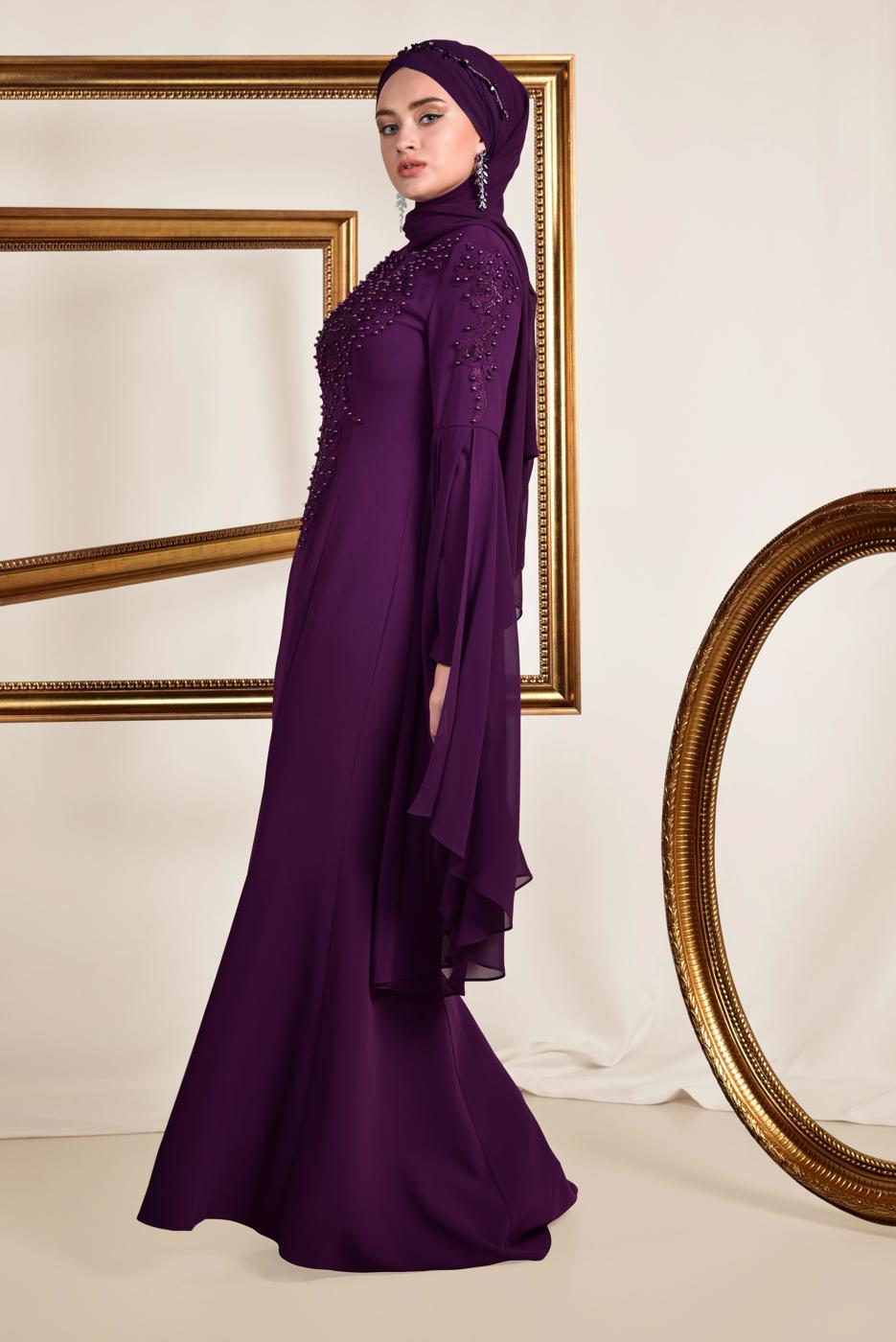 Tesettür giyim MÜRDÜM BONCUK DETAYLI ABİYE ELBİSE T 5512