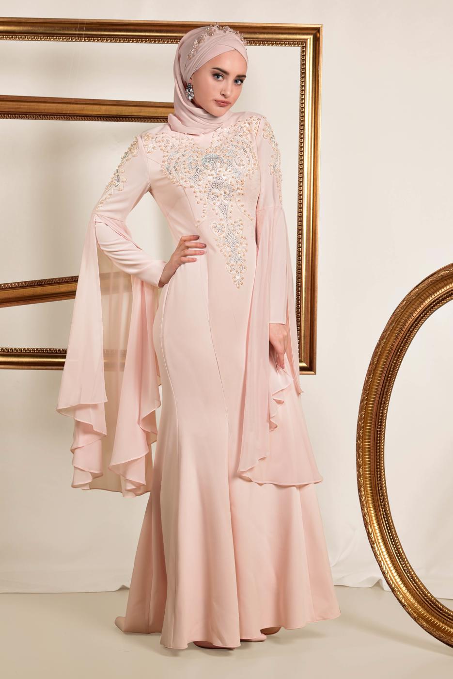 Tesettür giyim PUDRA BONCUK DETAYLI ABİYE ELBİSE T 5512