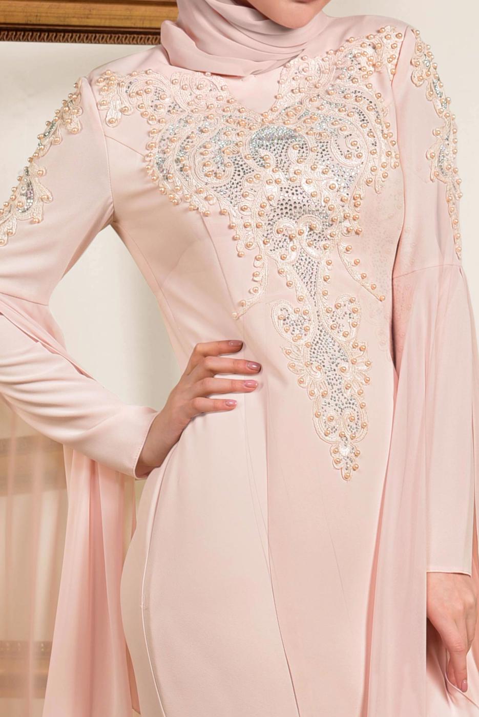 Tesettür giyim PUDRA BONCUK DETAYLI ABİYE ELBİSE T 5512