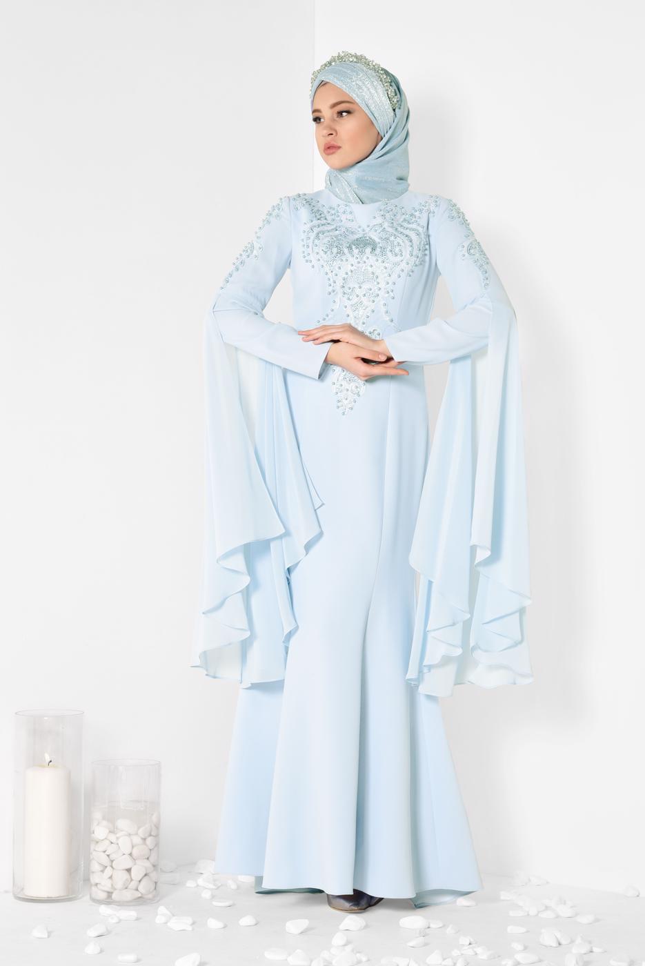 Tesettür giyim MAVİ BONCUK DETAYLI ABİYE ELBİSE T 5512