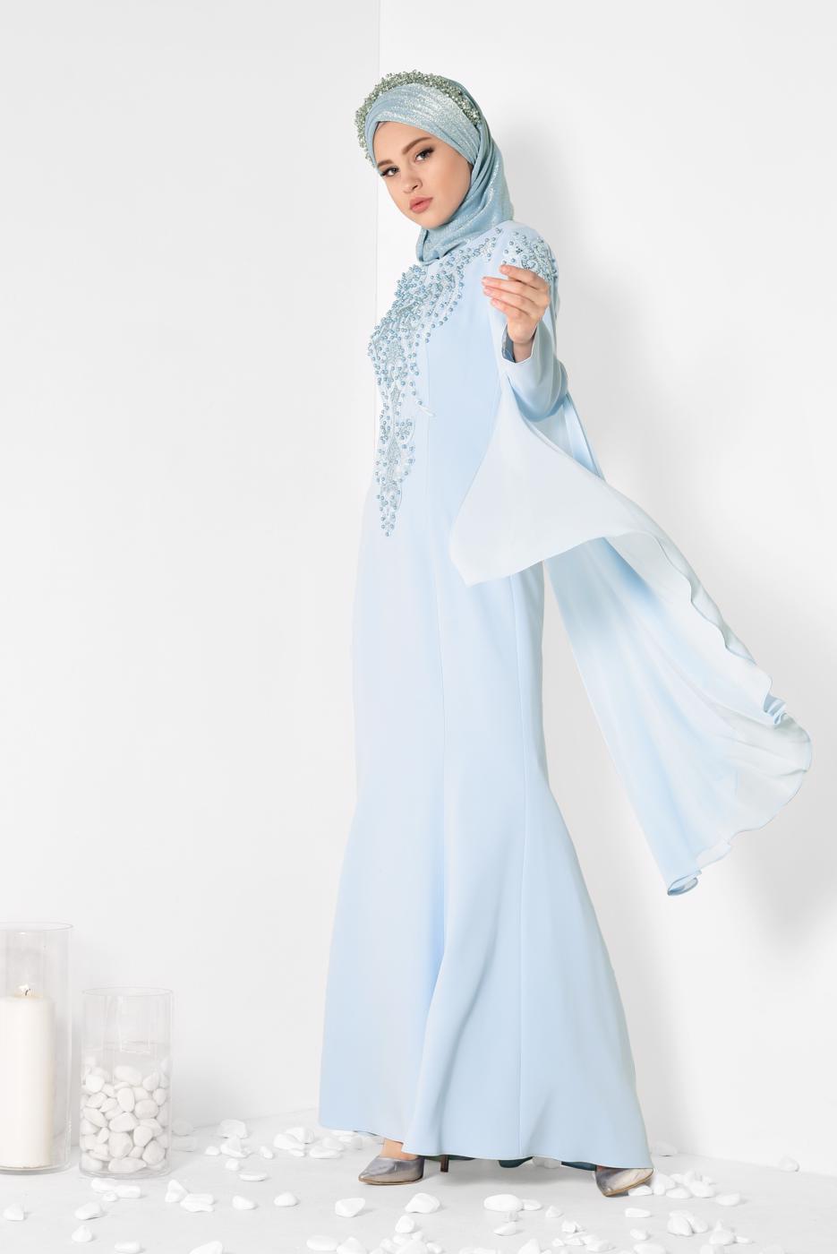 Tesettür giyim MAVİ BONCUK DETAYLI ABİYE ELBİSE T 5512
