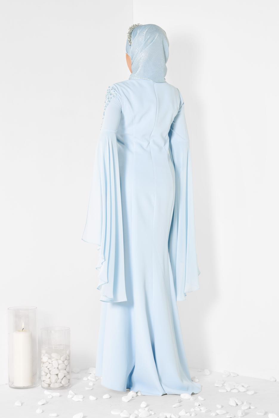 Tesettür giyim MAVİ BONCUK DETAYLI ABİYE ELBİSE T 5512