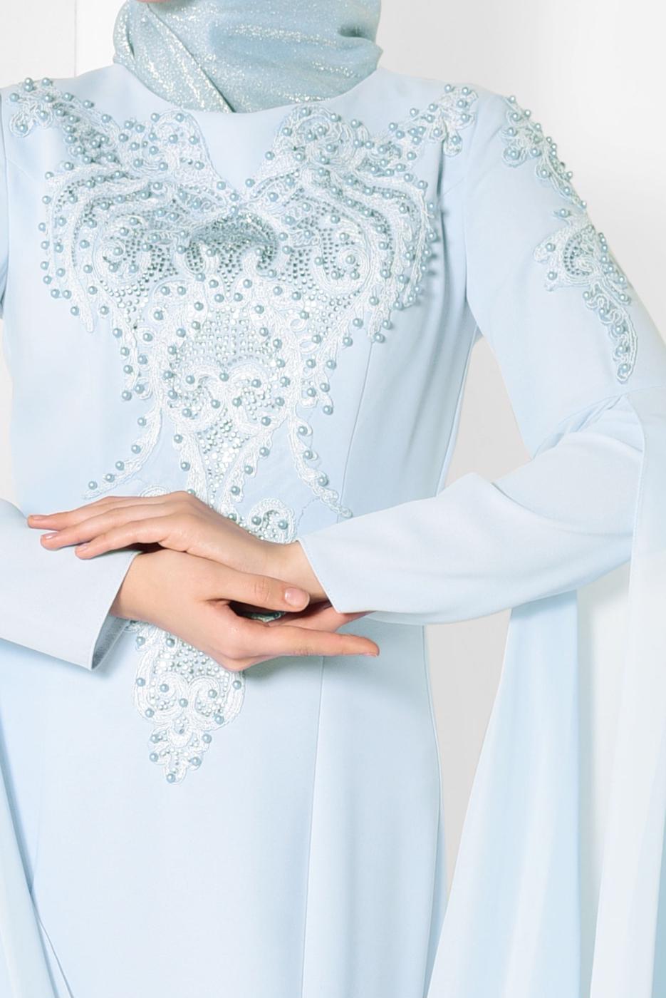 Tesettür giyim MAVİ BONCUK DETAYLI ABİYE ELBİSE T 5512