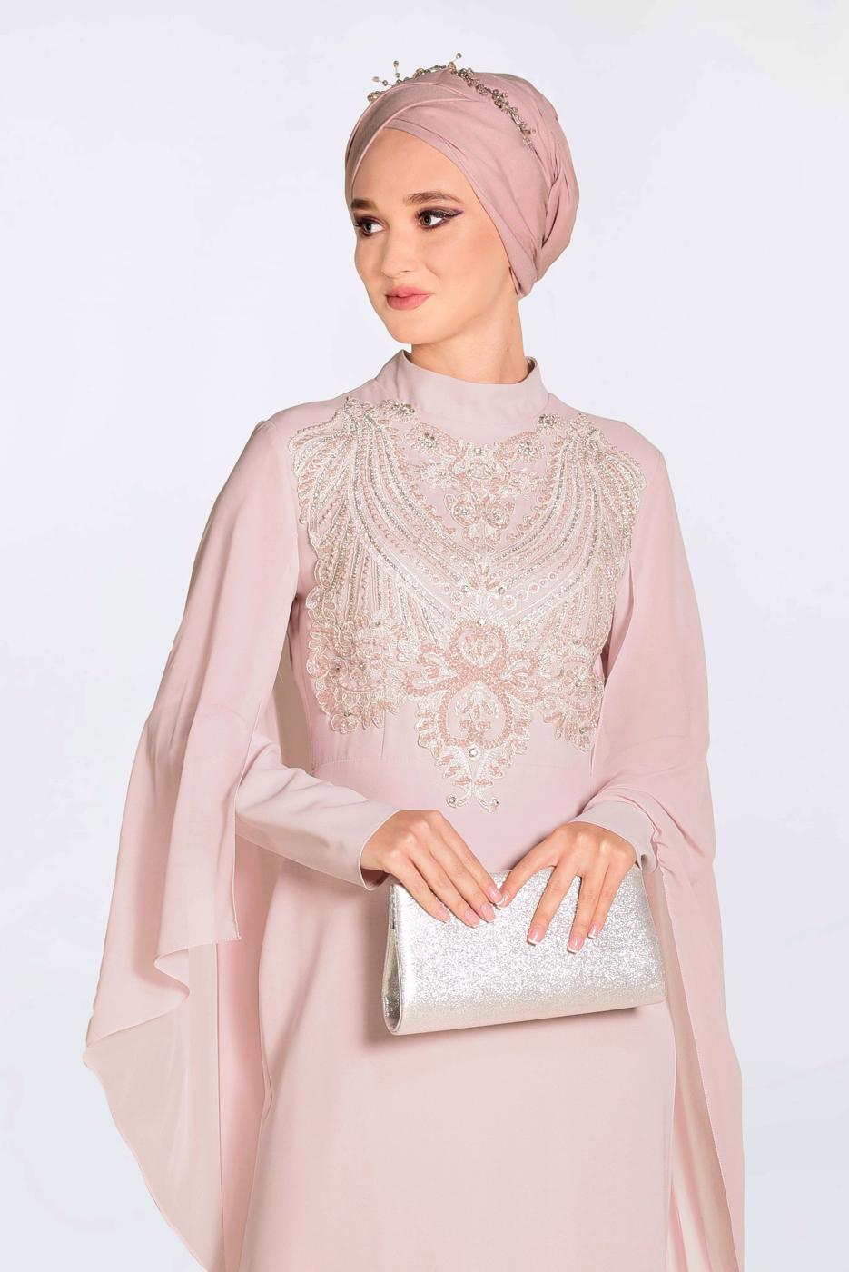 Tesettür giyim PUDRA İŞLEMELİ PELERİNLİ ABİYE ELBİSE 5514