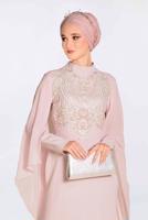 Tesettür giyim PUDRA İŞLEMELİ PELERİNLİ ABİYE ELBİSE 5514