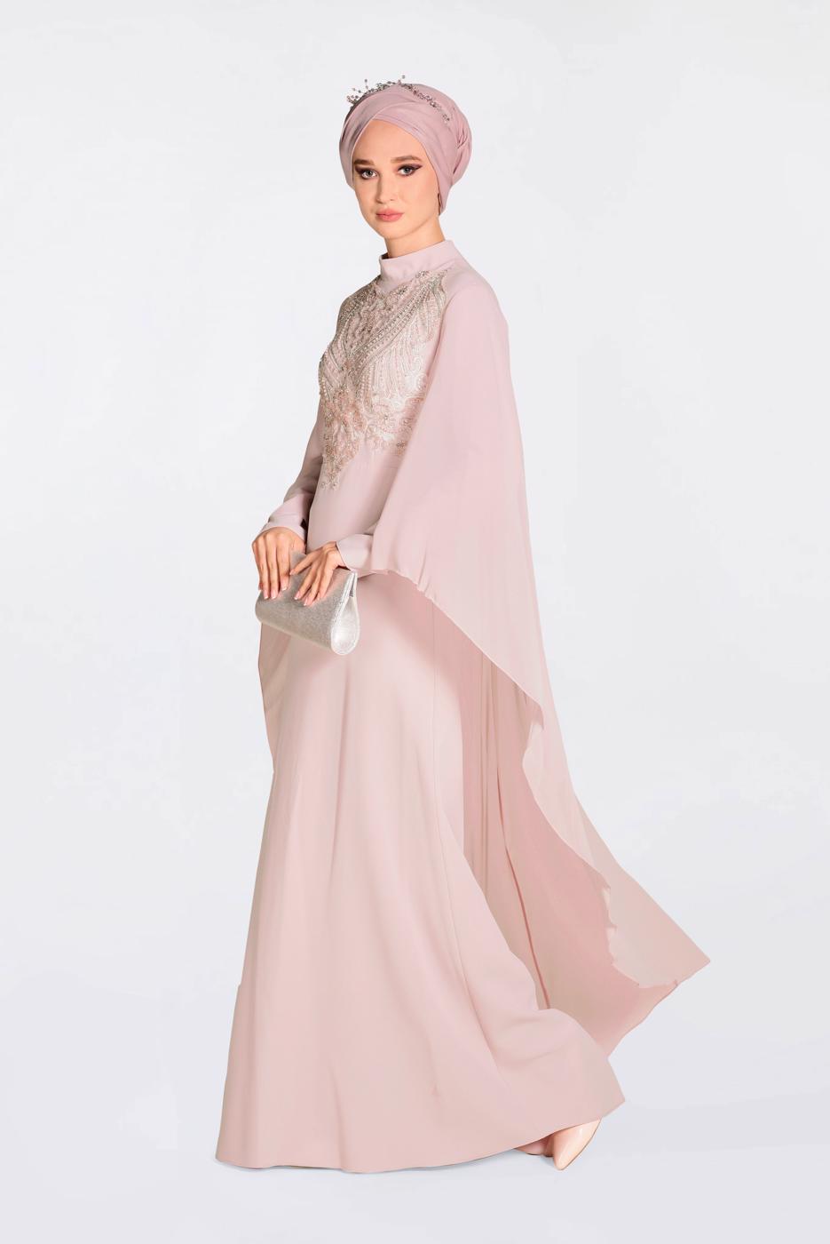 Tesettür giyim PUDRA İŞLEMELİ PELERİNLİ ABİYE ELBİSE 5514