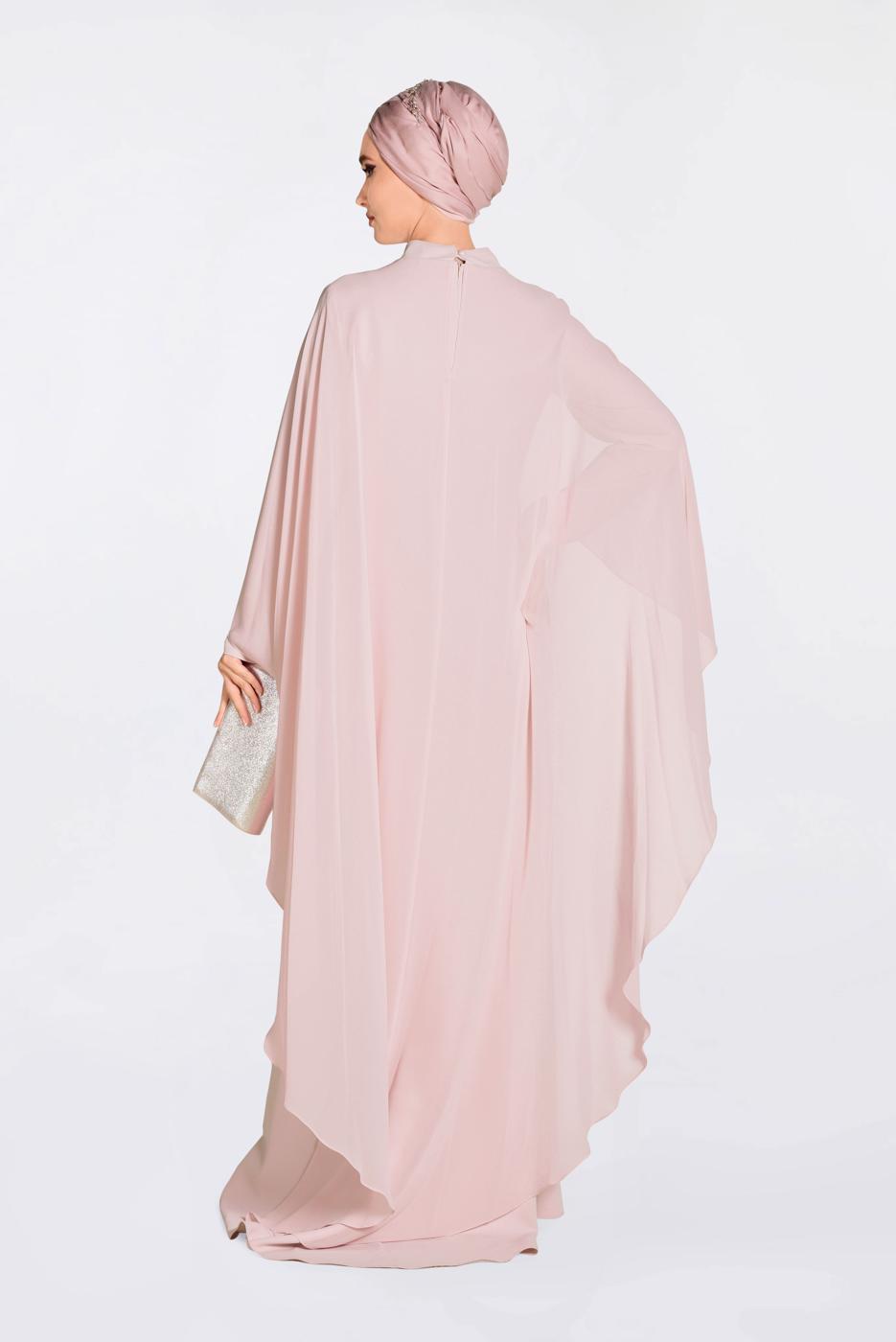 Tesettür giyim PUDRA İŞLEMELİ PELERİNLİ ABİYE ELBİSE 5514