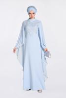 Tesettür giyim MAVİ İŞLEMELİ PELERİNLİ ABİYE ELBİSE 5514
