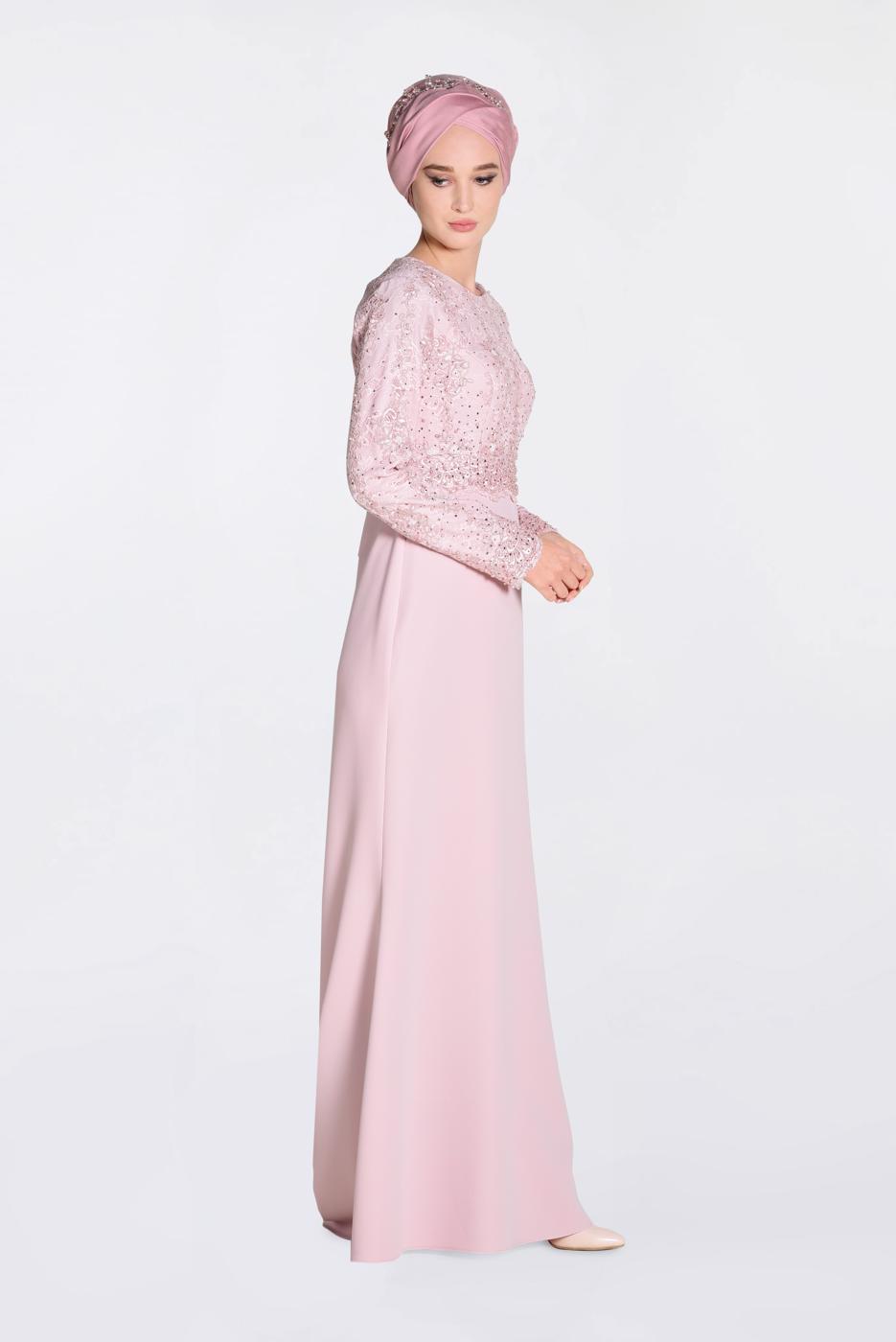 Tesettür giyim PUDRA GÜPÜRLÜ BALIK ABİYE ELBİSE 5520