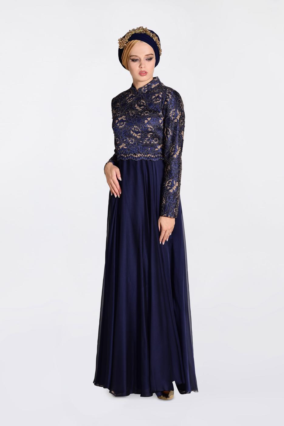 Tesettür giyim LACİVERT ÜSTÜ GÜPÜRLÜ ABİYE ELBİSE 5521