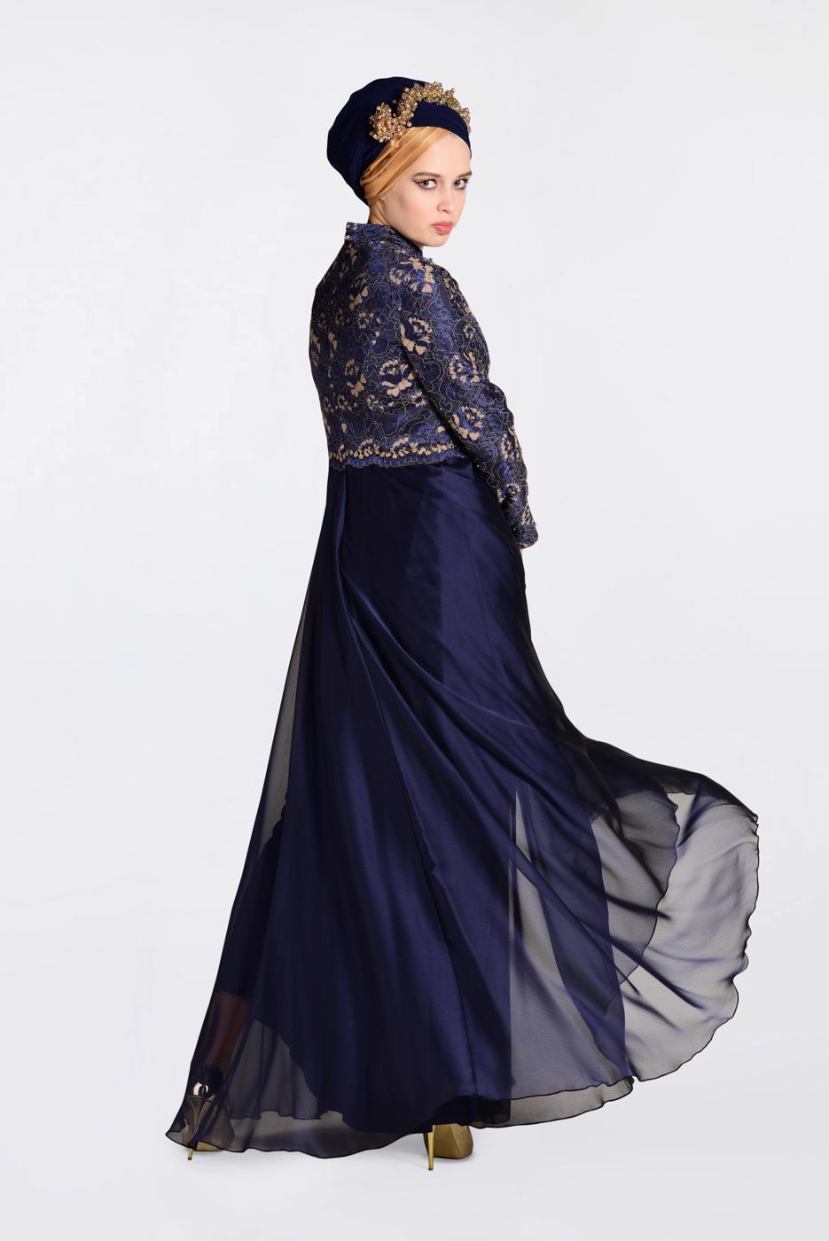 Tesettür giyim LACİVERT ÜSTÜ GÜPÜRLÜ ABİYE ELBİSE 5521