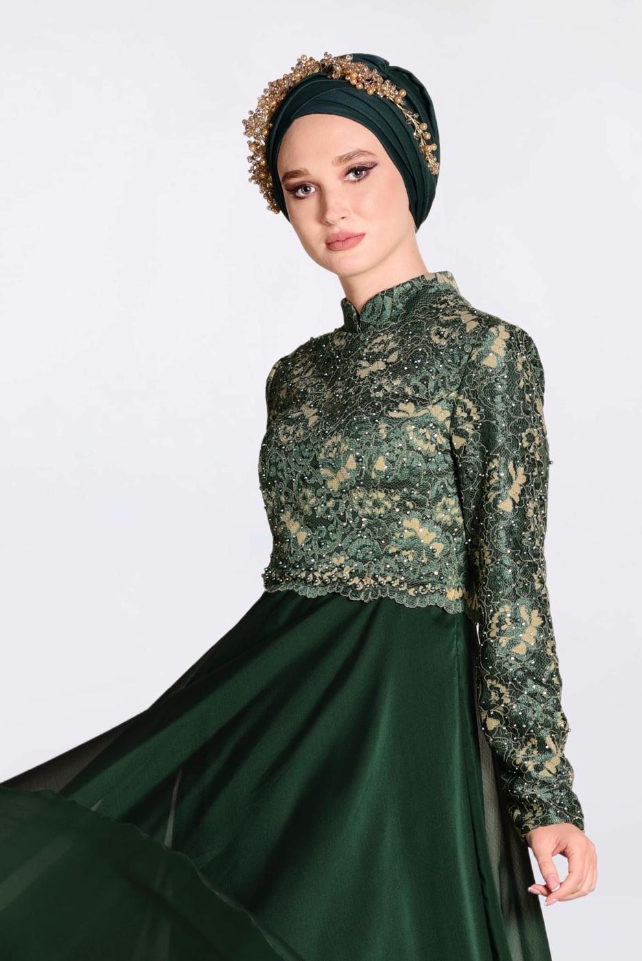 Tesettür giyim YEŞİL ÜSTÜ GÜPÜRLÜ ABİYE ELBİSE 5521