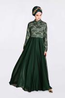 Tesettür giyim YEŞİL ÜSTÜ GÜPÜRLÜ ABİYE ELBİSE 5521