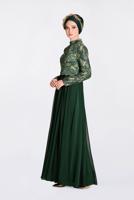 Tesettür giyim YEŞİL ÜSTÜ GÜPÜRLÜ ABİYE ELBİSE 5521