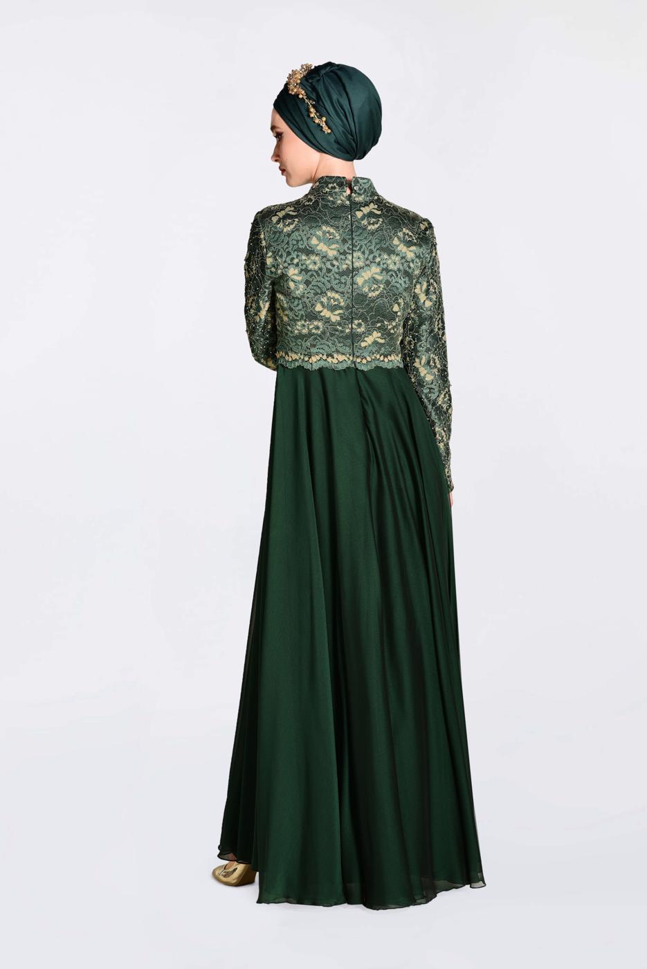 Tesettür giyim YEŞİL ÜSTÜ GÜPÜRLÜ ABİYE ELBİSE 5521