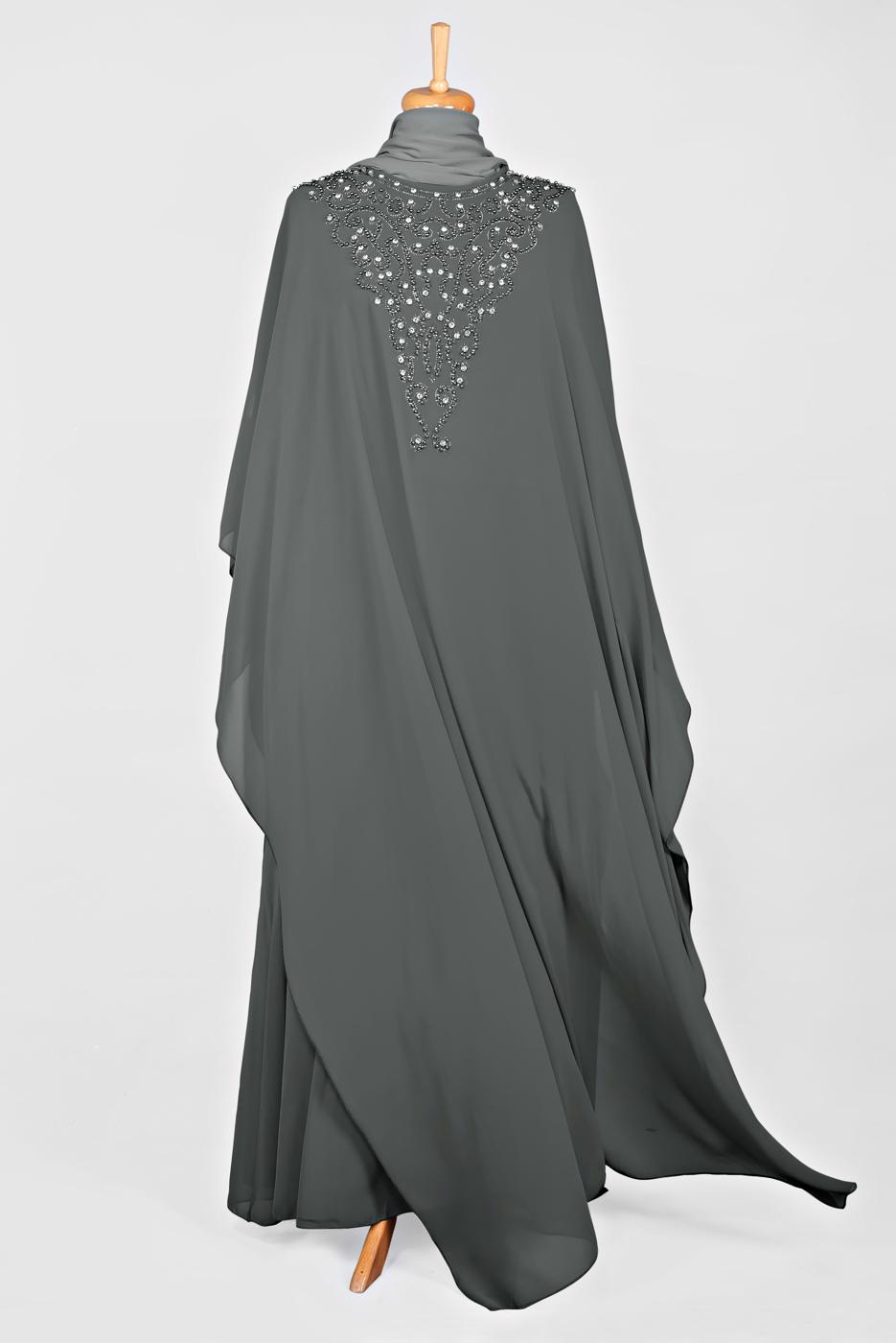 Tesettür giyim GRİ BONCUK VE TAŞ İŞLEMELİ ABİYE ELBİSE 5548