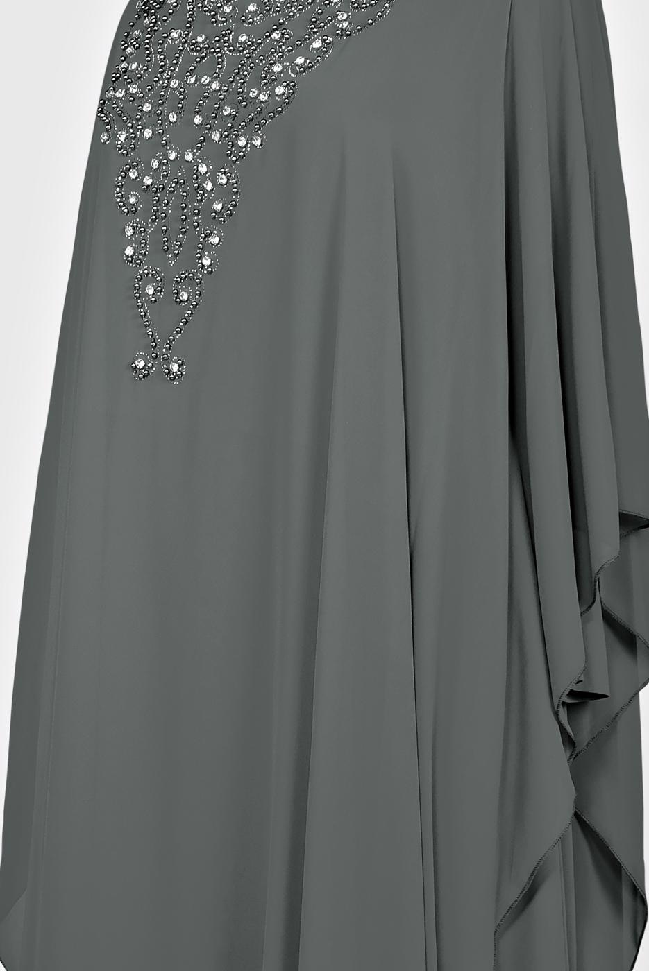 Tesettür giyim GRİ BONCUK VE TAŞ İŞLEMELİ ABİYE ELBİSE 5548