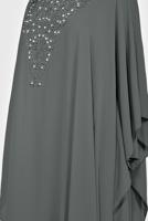 Tesettür giyim GRİ BONCUK VE TAŞ İŞLEMELİ ABİYE ELBİSE 5548