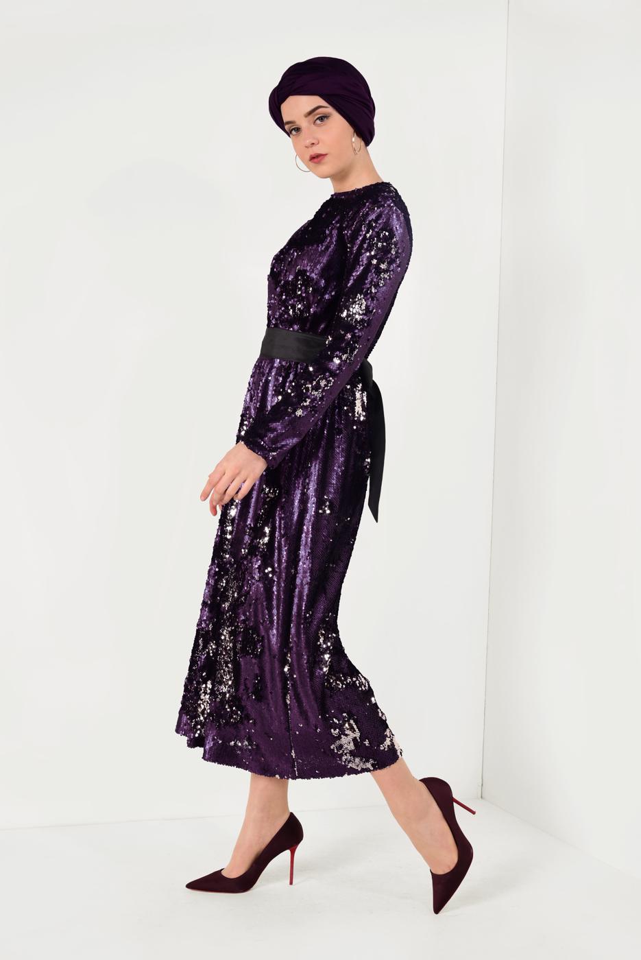 Hijab clothing PURPLE Sequined Evening Dress T 5592 