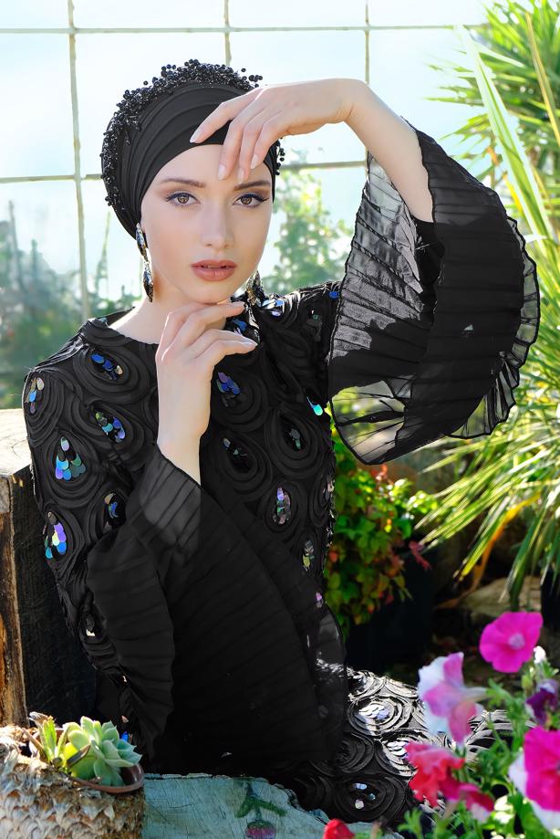 Vêtements hijab  Pleated and Sequined Evening Dress T 5651  - TRENDTESETTÜR
