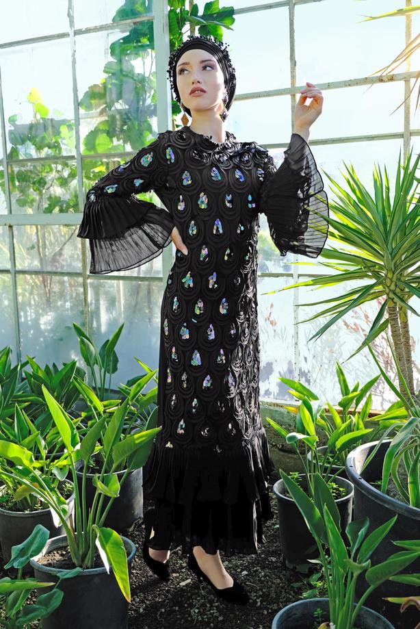 Vêtements hijab  Pleated and Sequined Evening Dress T 5651  - TRENDTESETTÜR