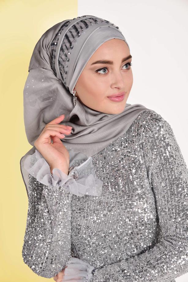 Vêtements hijab  Tulle Detailed Sequin Evening Dress T 5751  - TRENDTESETTÜR