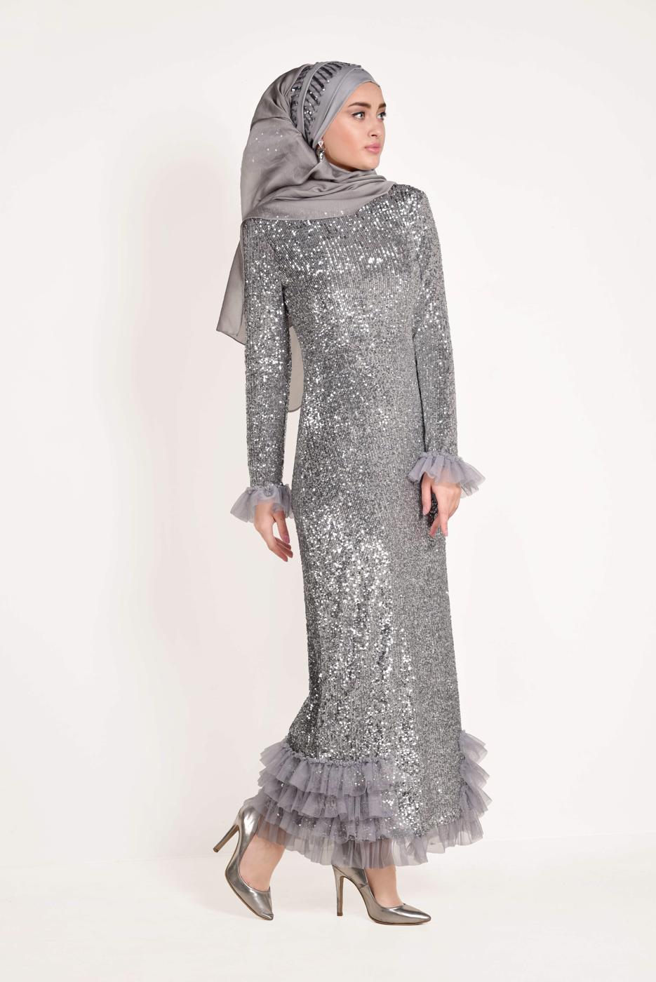 Hijab clothing GREY Tulle Detailed Sequin Evening Dress T 5751 