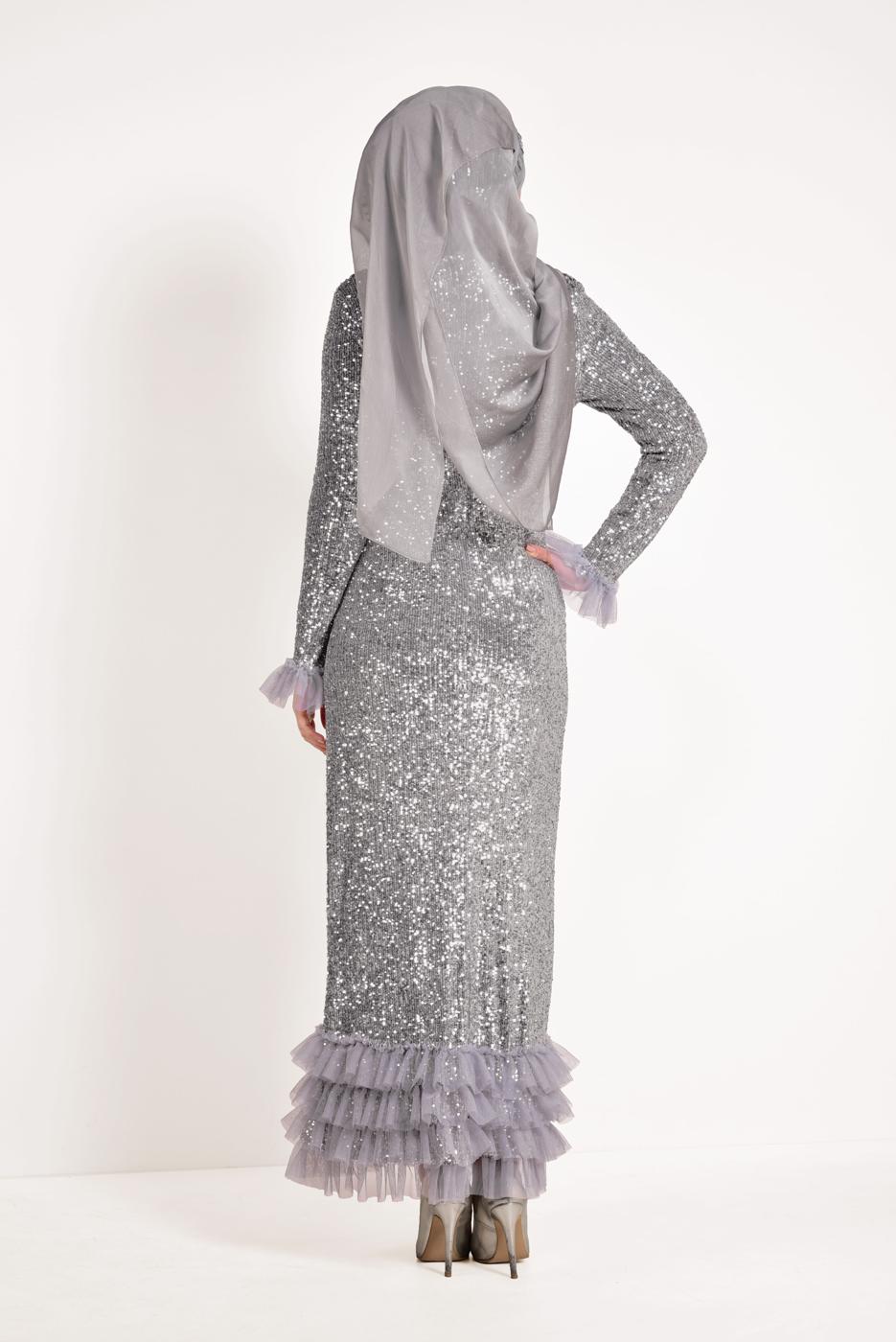 Hijab clothing GREY Tulle Detailed Sequin Evening Dress T 5751 