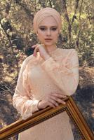 Tesettür giyim PUDRA TAŞ DETAYLI ABİYE ELBİSE T 60004