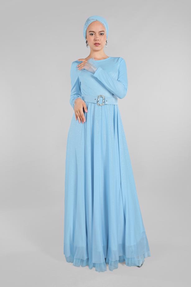 Tesettür giyim  KEMERLİ ABİYE ELBİSE T 61393 - TRENDTESETTÜR