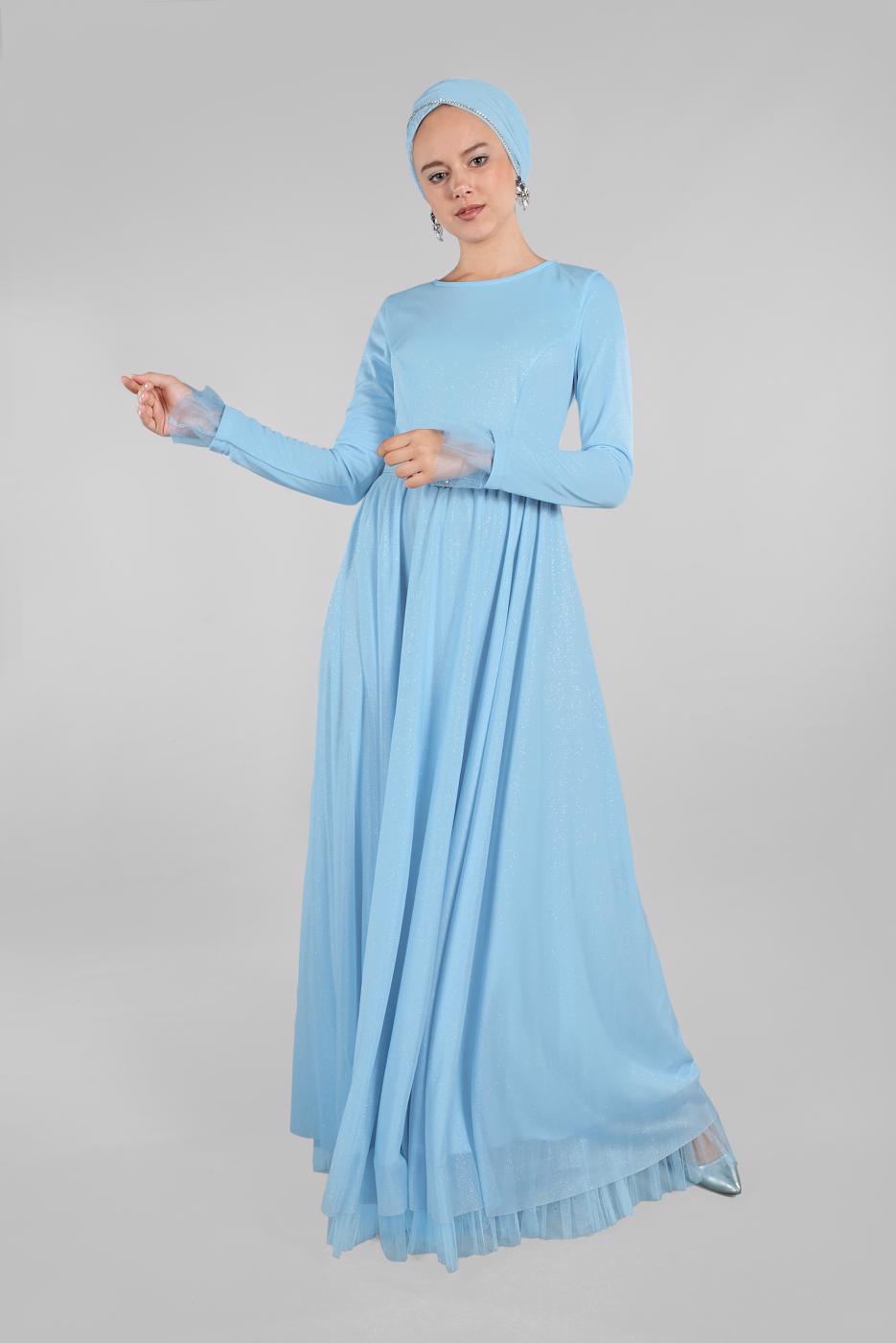 Hijab clothing BLUE BELTED EVENING DRESS T 61393